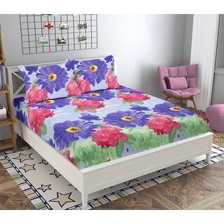 BLACK BEE  Pink  purple rose 3D print on light blue double bedsheet with 2 Pillow Covers (208 X 213 cm)(BS20-07)