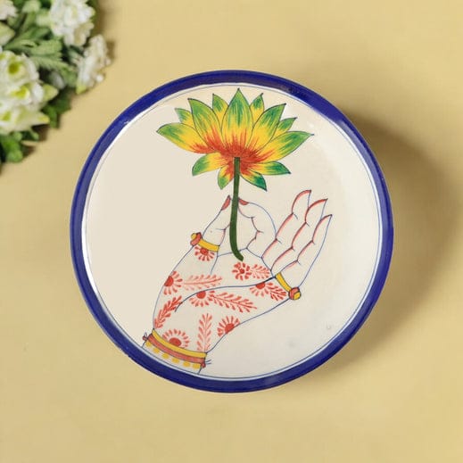Blue Pottery Hand & Floral Pattern Decorative PlateIvory and Blue8
