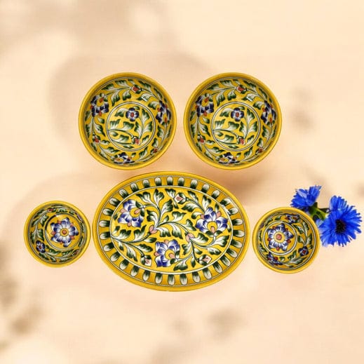 Yellow Floral Oval Platter & Bowl Set Handcrafted Jaipur Blue Pottery for Festive Dining