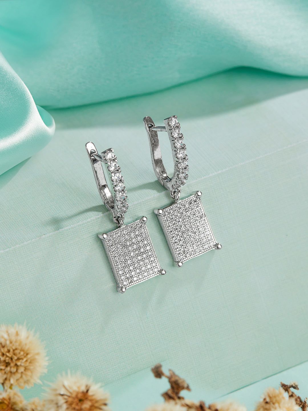 925 Sterling Silver Rhodium Plated Square Drop Bali Hoop Earrings