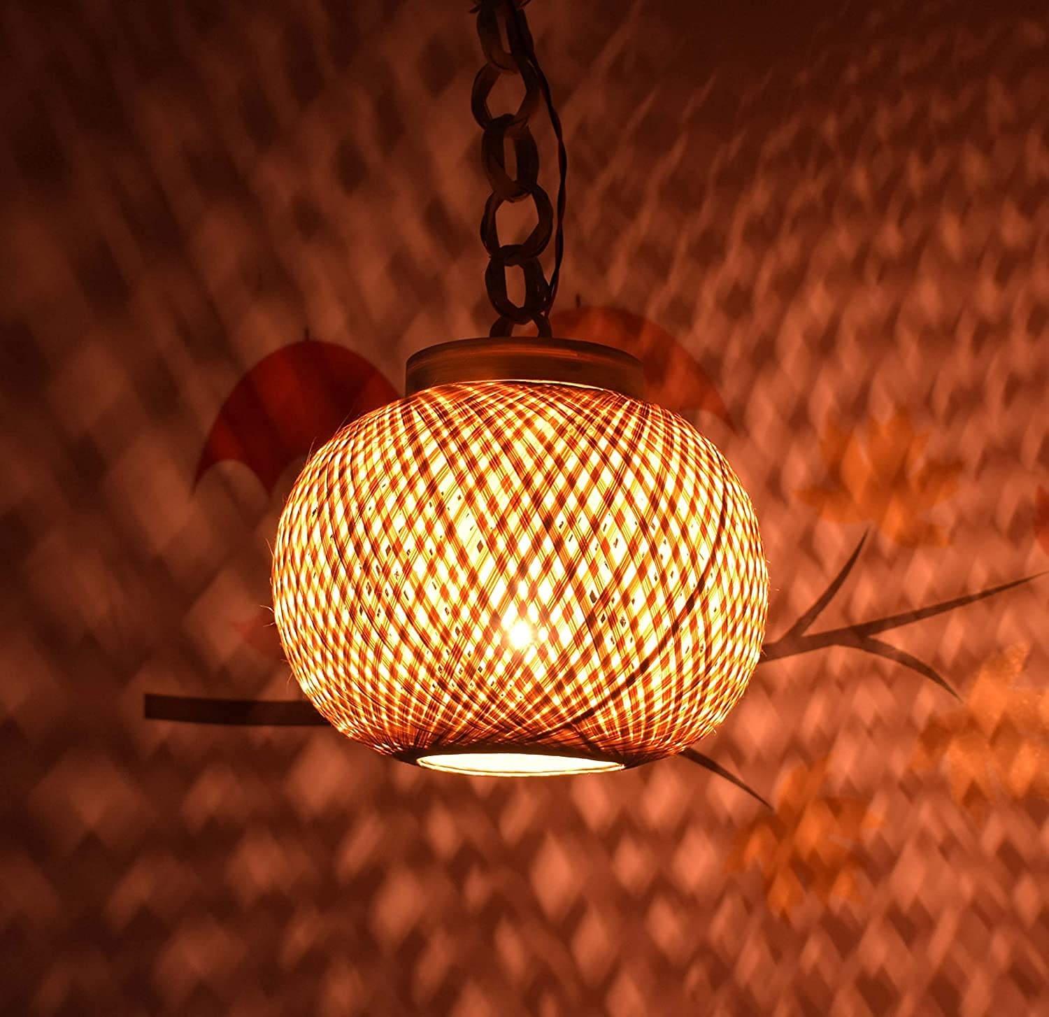 Hanging Bamboo Cane Lamp for Interior Decor, with Wire & Holder (Globe Design)