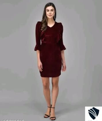 Women Maroon Valvet Stylish Dress