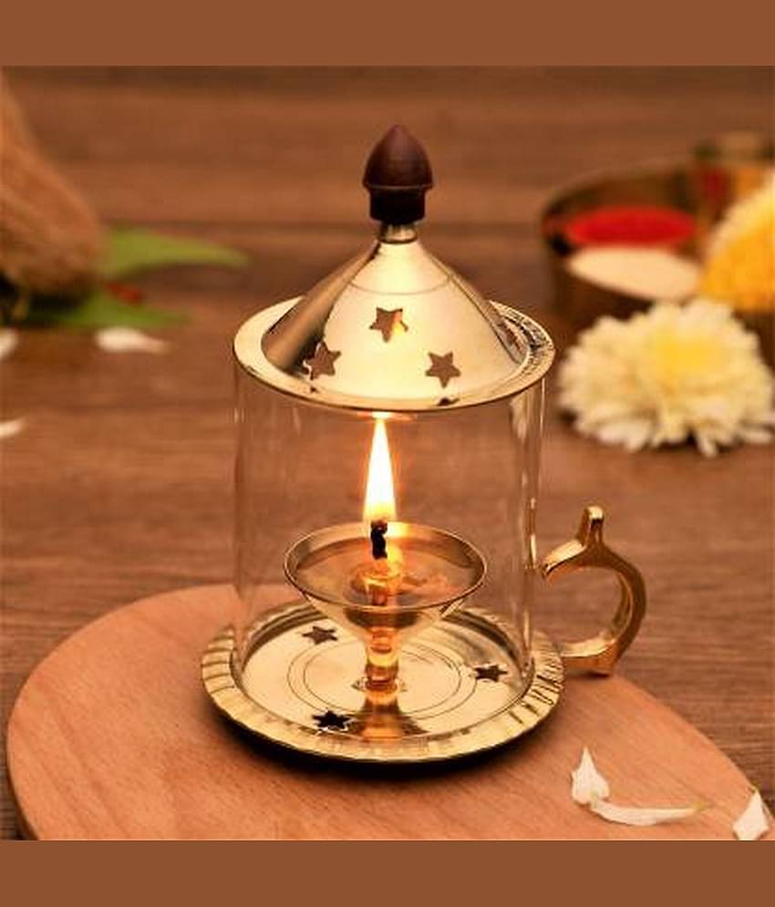 eCraftIndia Gold-Toned Akhand Diya with Glass Lid