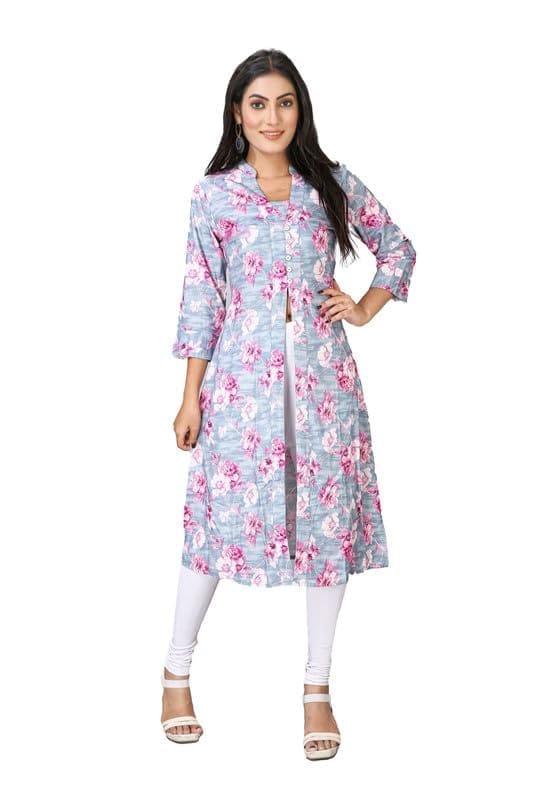 Women's Casual 3/4 Sleeve Viscose Rayon Printed Kurti (Grey, M)-PID46431