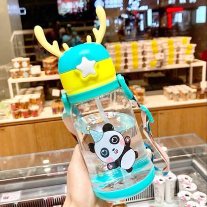 Cute Antler Cartoon Animal Straw Water Bottle With Strap (Blue, 500ml) | Leakproof Design | Kids Daily Use