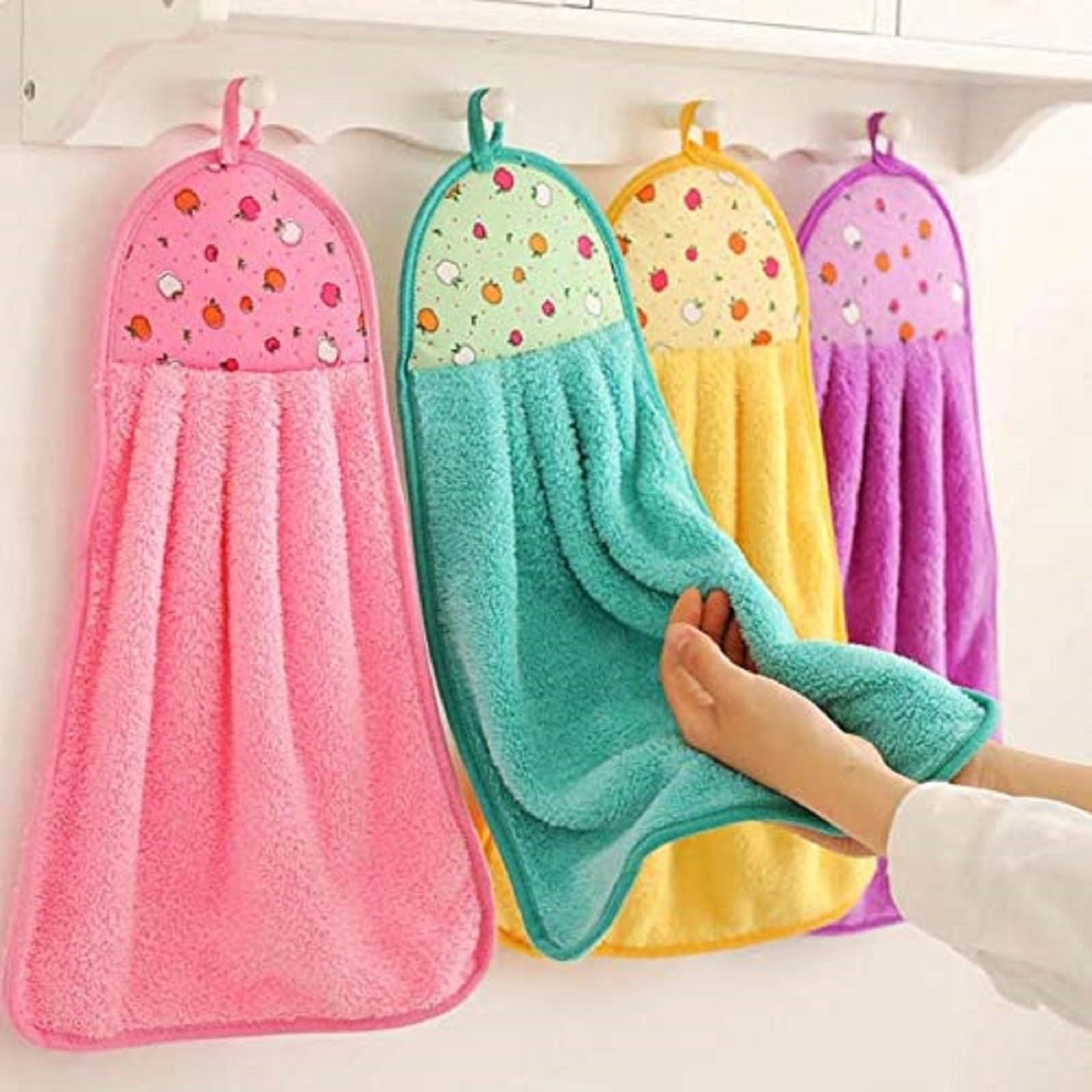 Vibrant Colorful Kitchen Towels Set - Soft Absorbent Dish Towels with Hanging Loop Pack of 4 pcs