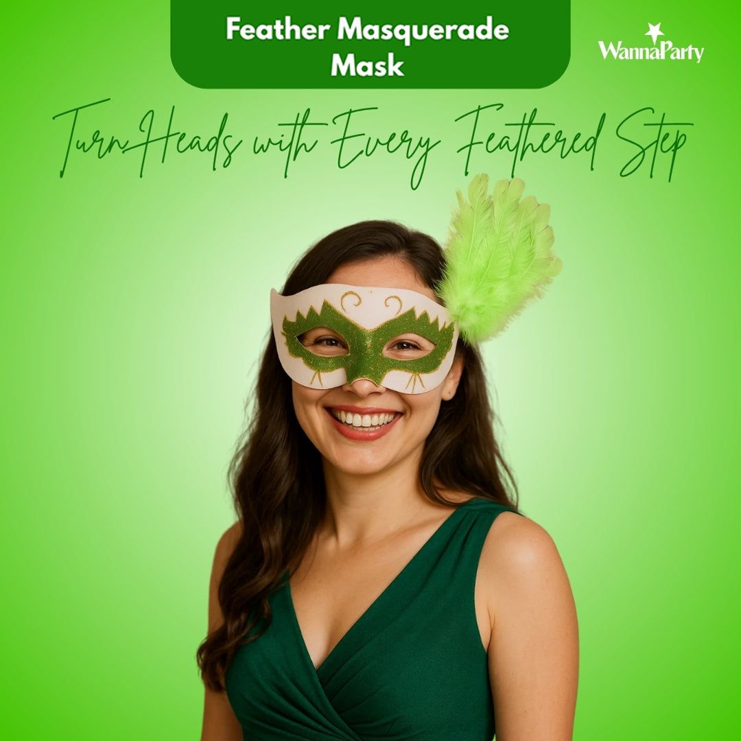 Glittery Eye Mask with Feathers Green