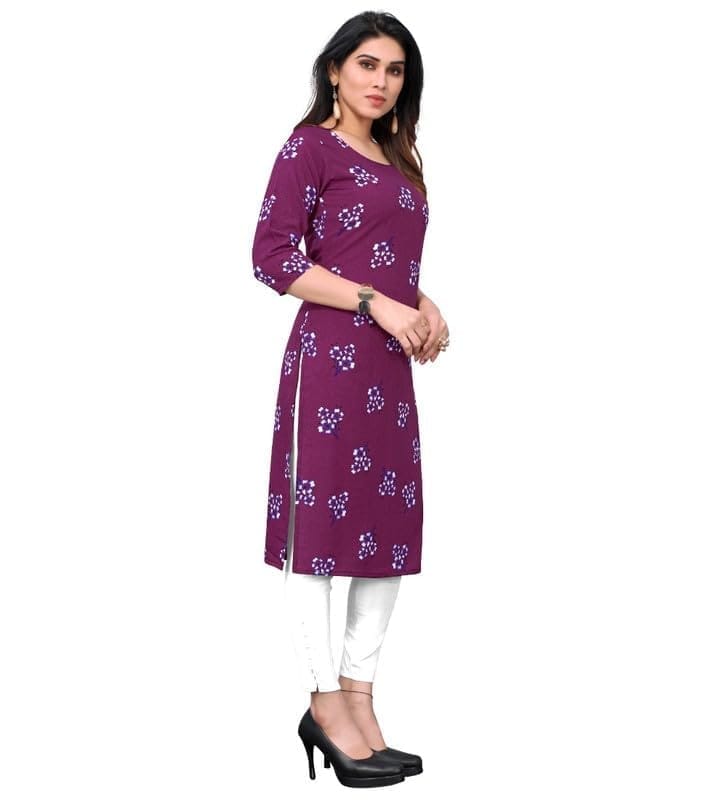 Women's Casual 3/4th Sleeve Floral Printed Crepe Kurti (Purple, M)-PID46200