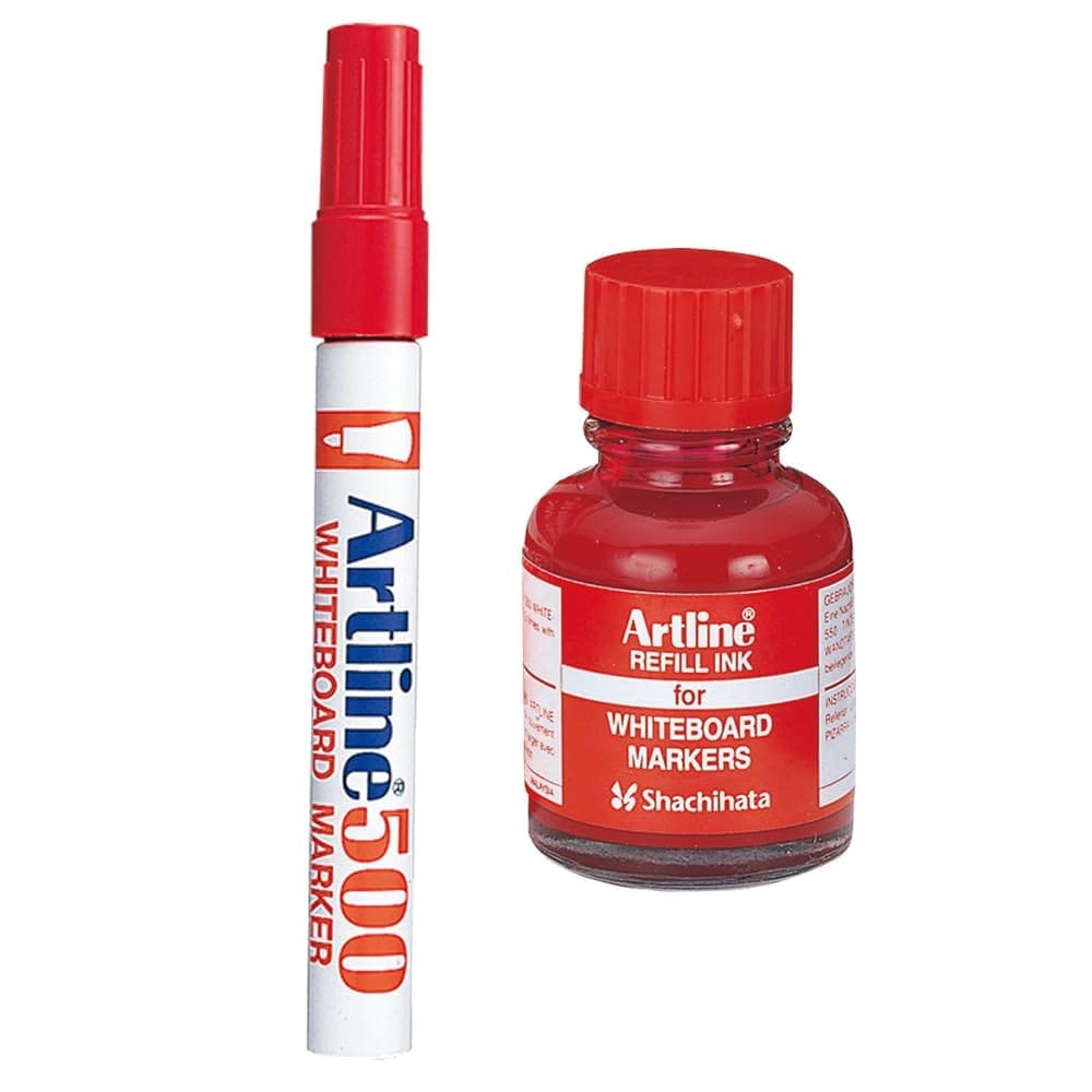 Artline Combo of Red Colour 500 Whiteboard Marker X 10 with ESK50 Refillable Ink X 10 | Efficient and cost-effective solution for your writing needs