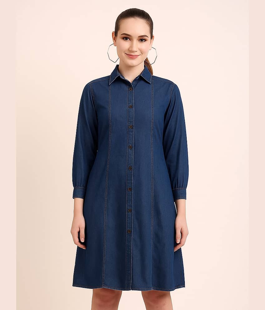 Addyvero Women Denim Solid A-line Dress ( Light Blue )