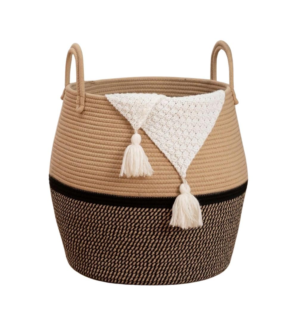 Generic Cotton Matka With Handle 14x12 Inch Storage Basket For Clothes With Out Lid (Beige-Black)-PID66392