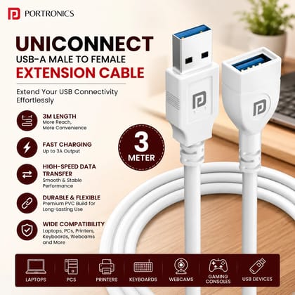 Portronics Uniconnect 3 Meter USB Extension Cable | USB Type-A Male to Female Extension Cord | Fast Data Transfer & Charging | Durable PVC USB Extender for Laptop, PC, Printer, Keyboard, Mouse, Webcam & USB Devices (Random Color| 3 Meter)