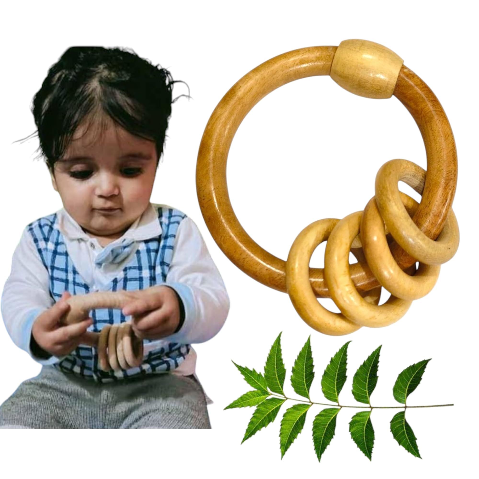Natural Wooden Ring Teether Rattle for Babies, Neem Leaf Design, Safe Sensory Toy