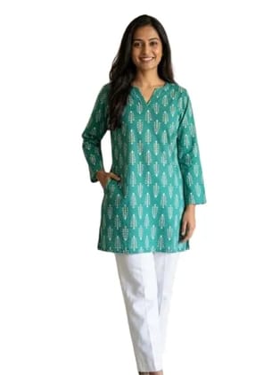 Women's Floral Printed Straight Kurti Casual Ethnic Top with Full Sleeves