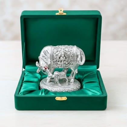 Dev Aastha 999 Pure Silver Plated Kamdhenu Cow Idol | 2.5 inch Vastu Home Decor for Pooja Room & Mandir | Symbol