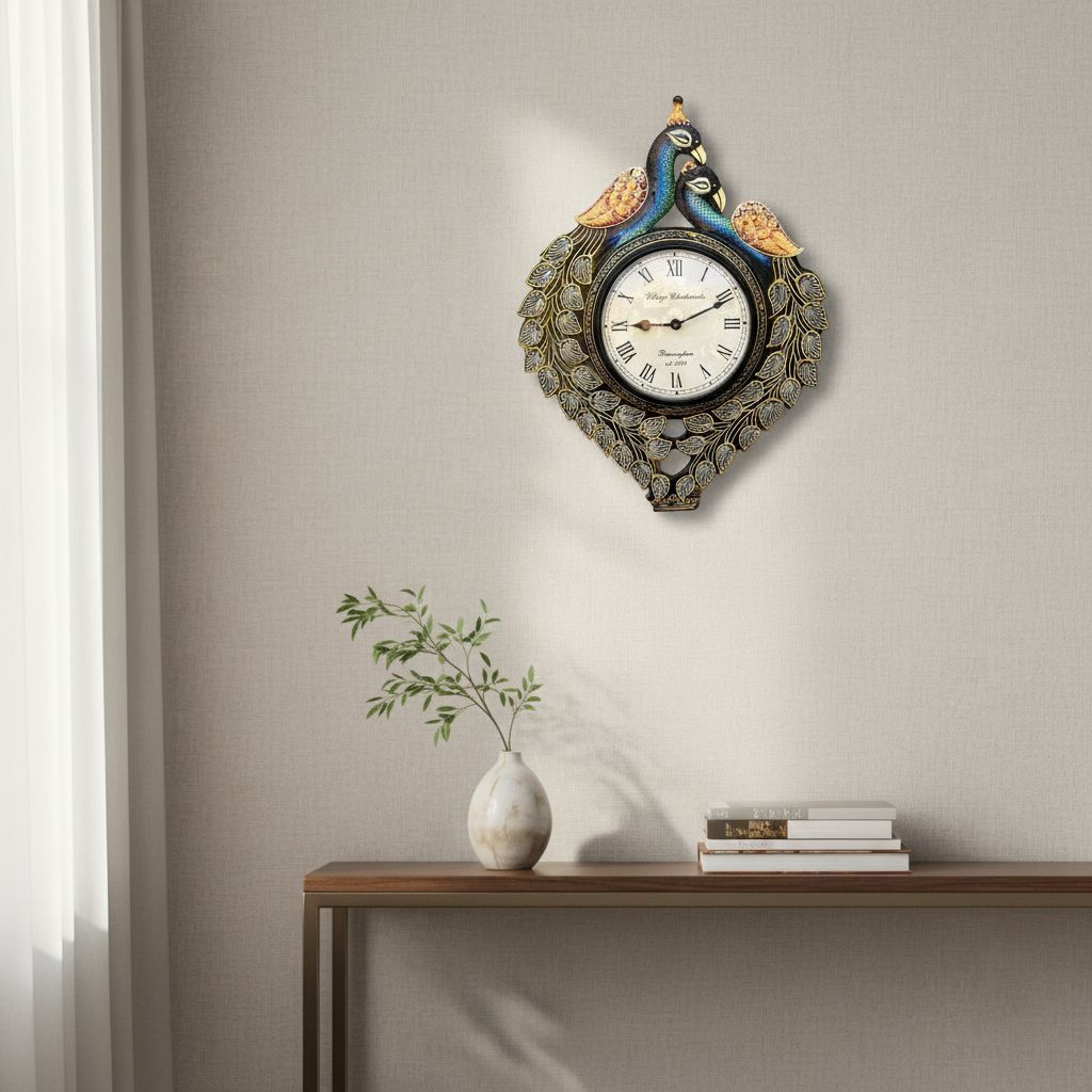 Handicraft Painted Beautiful Gift Peacock Wall Clock
