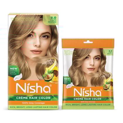 Nisha Creme Hair Color Combo Pack 8.0 Light Blonde (120g Box & 40g Pouch), Permanent Hair Colour for Women & Men
