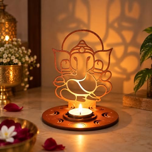 Wooden Ganesha Shadow Decorative Tea Light Candle Holder, Diya Stand for Home Decoration | Navratri Ganesh