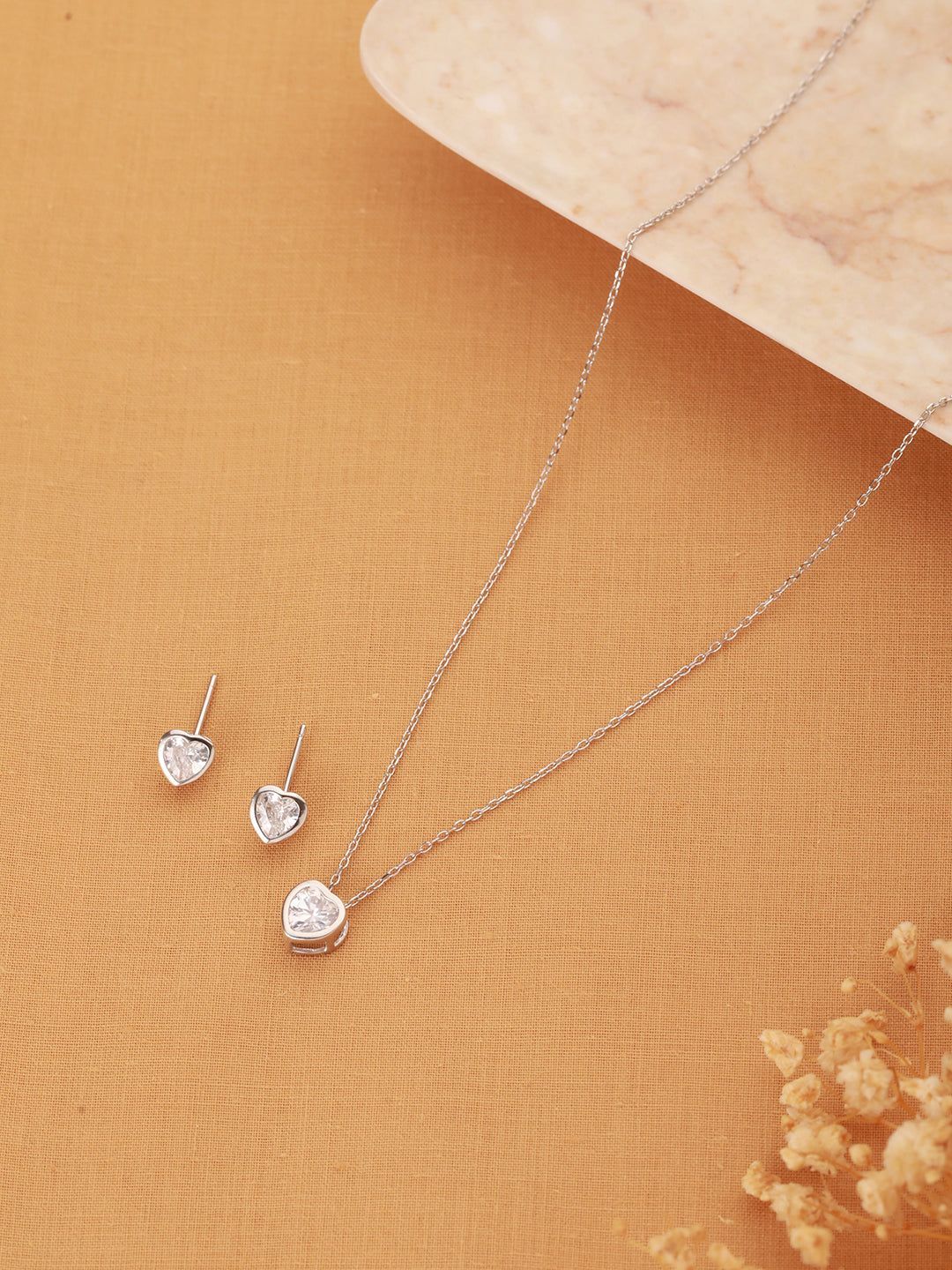 925 Sterling Silver CZ Studded Solitaire Heart Shaped Pendant Jewellery Set