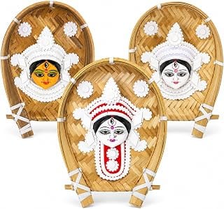 artkart Sholapith Maa Durga Wall Hanging Set of 3 | Pooja Room Decoration Items for Home Mandir | Handmade Bengali Puja Decor on Kulo | Durga Puja & Griha Pravesh Gift