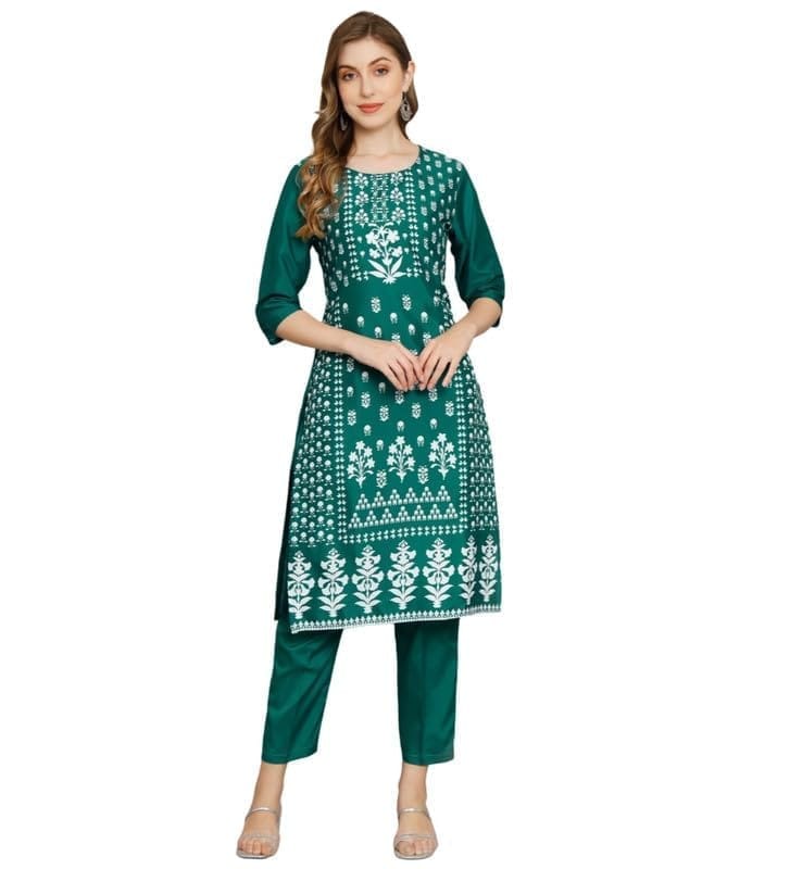 Women's Casual 3/4th Sleeve Printed Crepe Kurti Set (Green, M)-PID46140