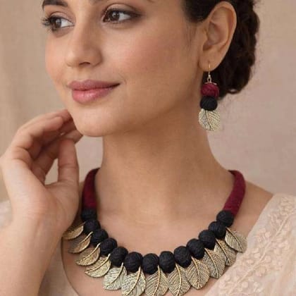 Handmade Oxidised Necklace and Earring Set Black Maroon Casual