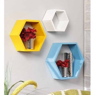 Onlinecraft Wooden Wall Shelf Wooden Wall Shelf (Number Of Shelves - 3, White, Yellow, Blue)