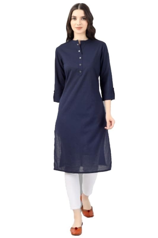 Women's Solid Calf Length Cotton Kurti (Blue, L)-PID46341