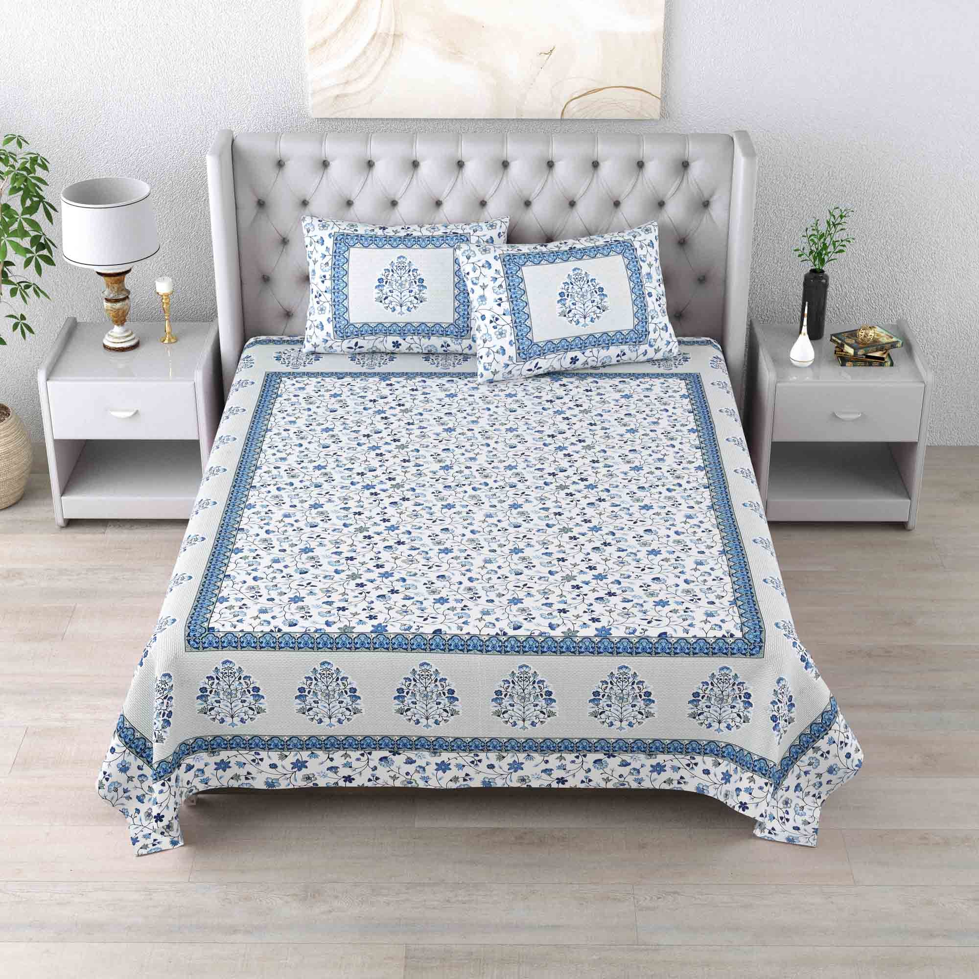 Authentic Sanganeri Print Pure Cotton Double Bed Sheet with 2 Pillow Covers
