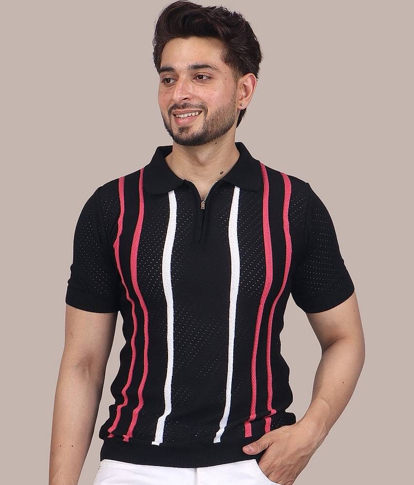 FEVERFEW Men Cotton Blend Regular Fit Striped Polo T Shirt ( Black )