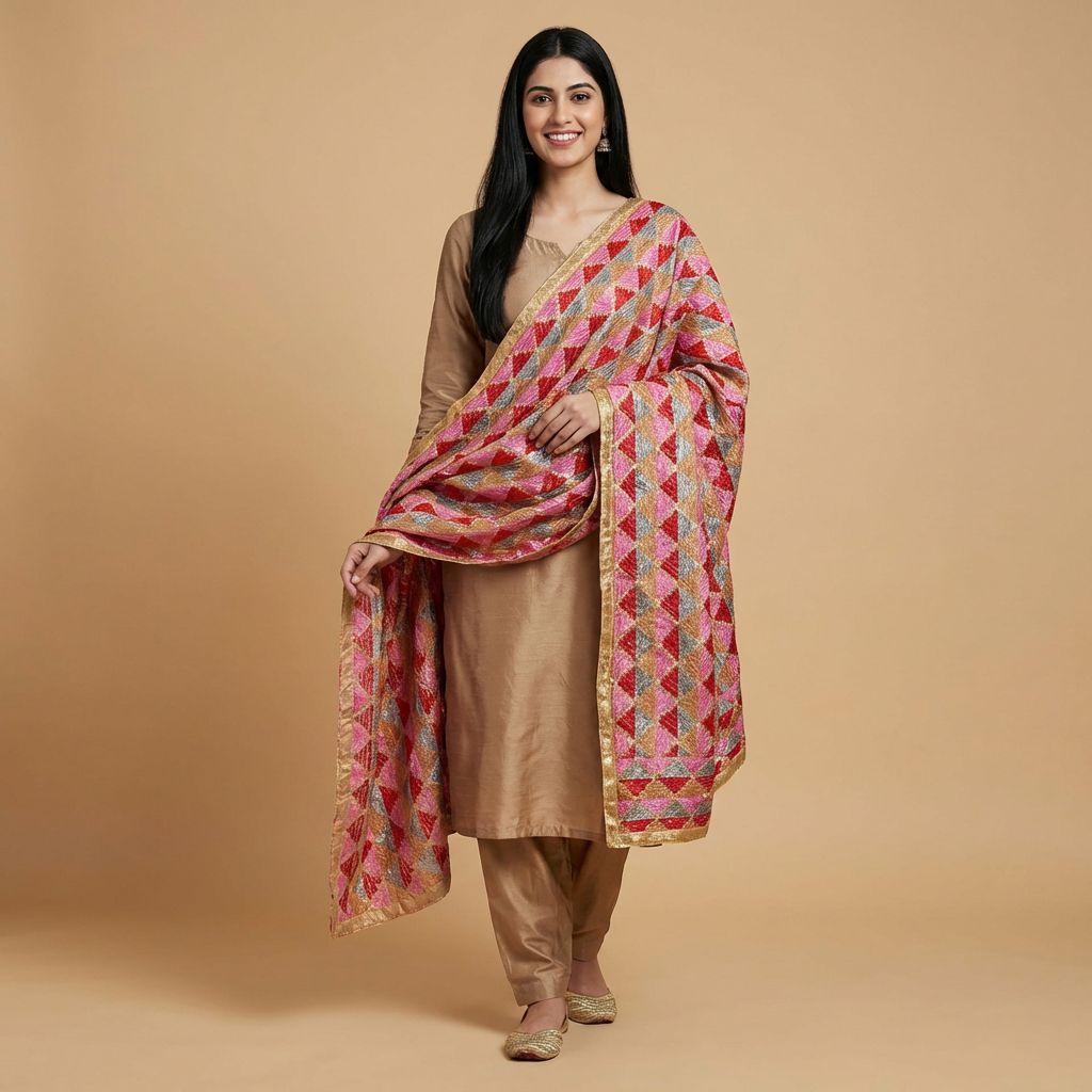 Hand-Embroidered Traditional Phulkari Cotton Dupatta | Multicolour