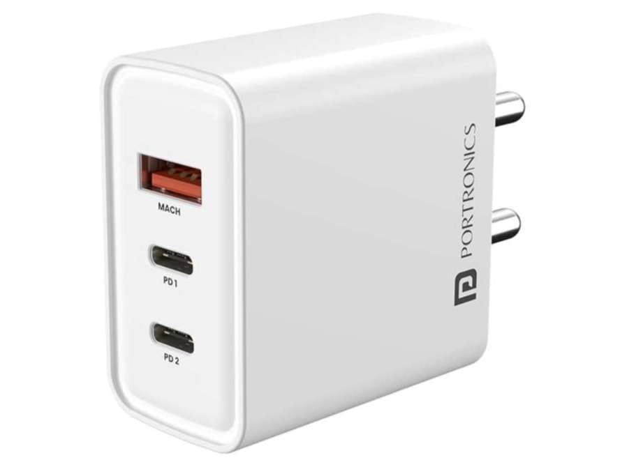 Portronics Adapto 65M 2 X Type C PD Port , 1 X USB-A Port, 65W Laptop Charging, GaN Technology, PPS technology - White