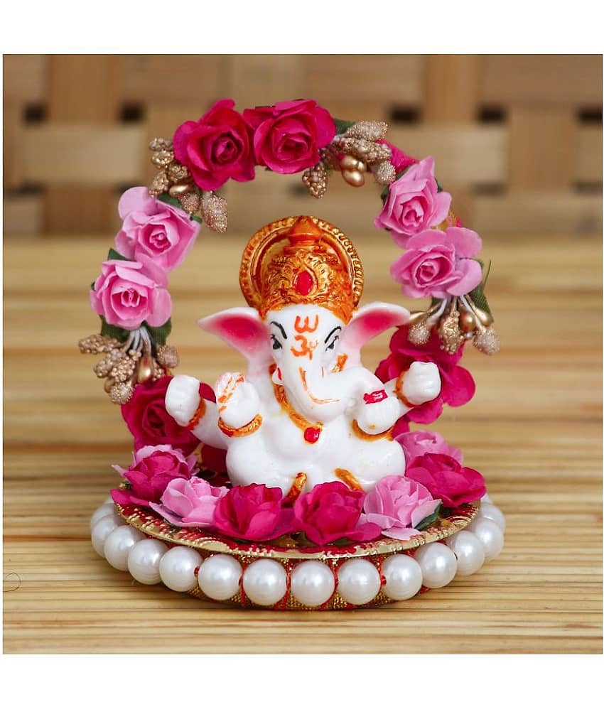eCraftIndia White & Red Handcrafted Lord Ganesha On Decorative Plate With Throne Of Flowers Showpiece