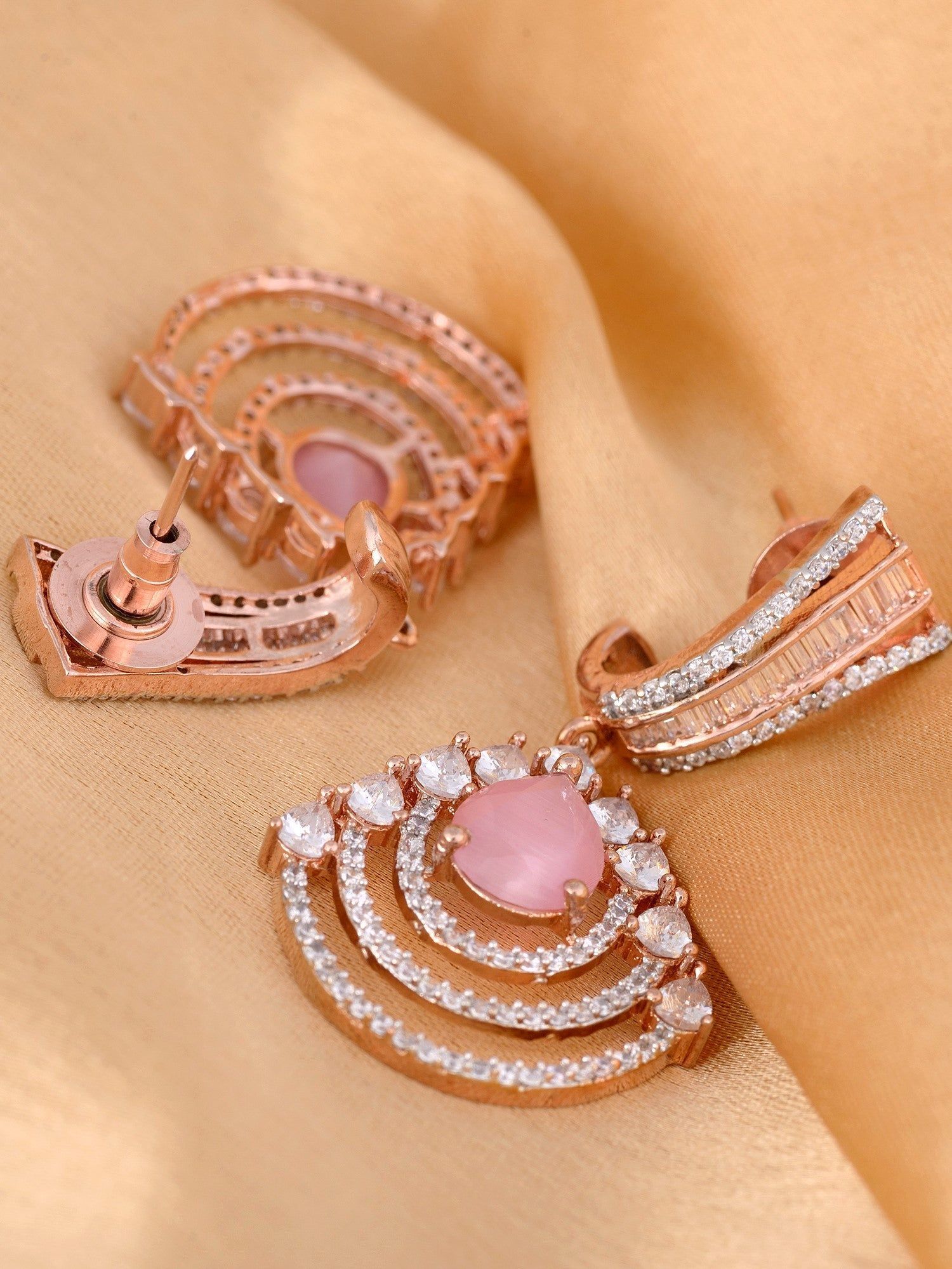Modern Rose Quartz danglers Pastel Pink drop earrings AD studded Rose gold plated