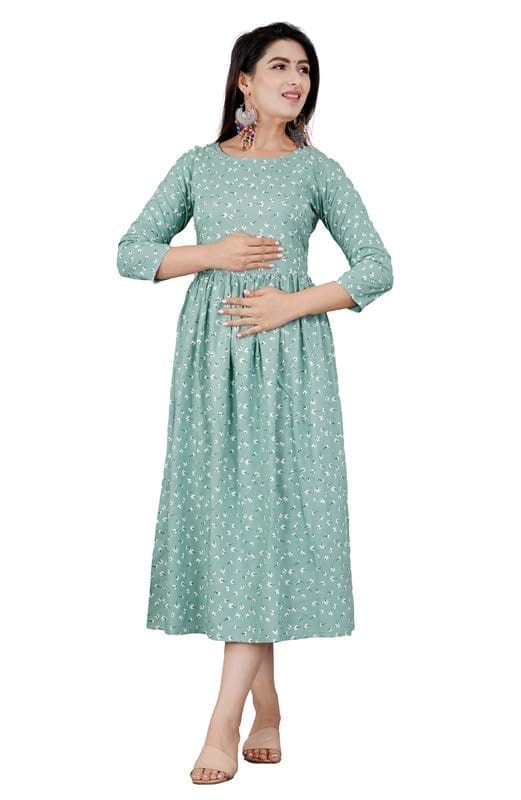 Women's Casual 3/4 Sleeve Printed Viscose Maternity Feeding Kurti (Green, 3XL)-PID47176