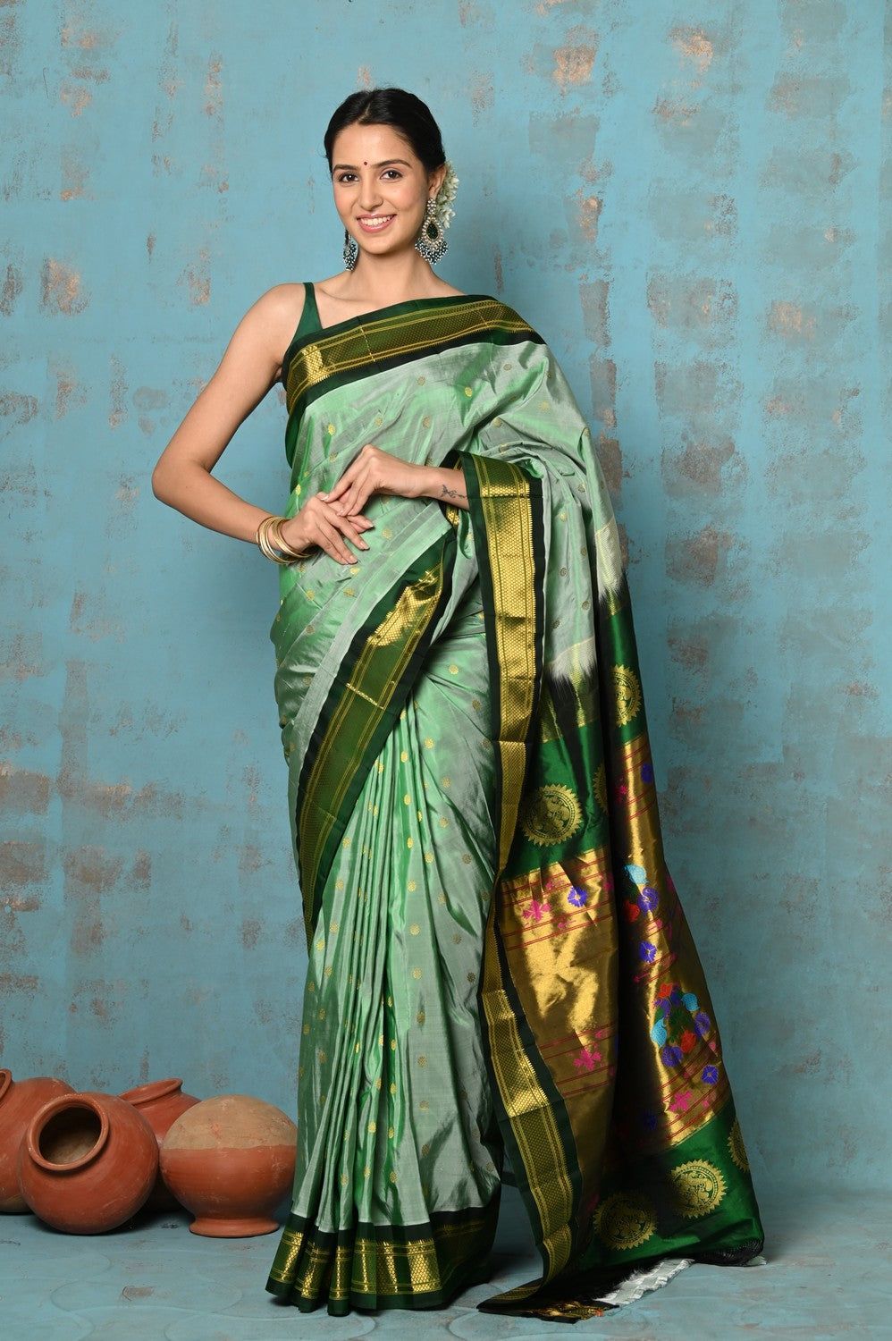 Tyohaar ~ Exclusive Handloom Pure Silk Maharani Paithani With Contrast Pallu ~ Pista Green