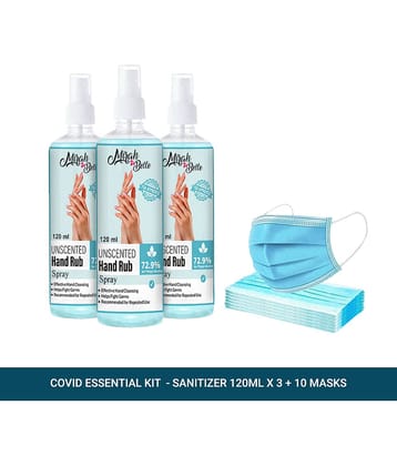 Mirah Belle Unscented Hand Rub Spray 120ml(Pack of 3) + 10 masks Sanitizers 360 mL Pack of 4