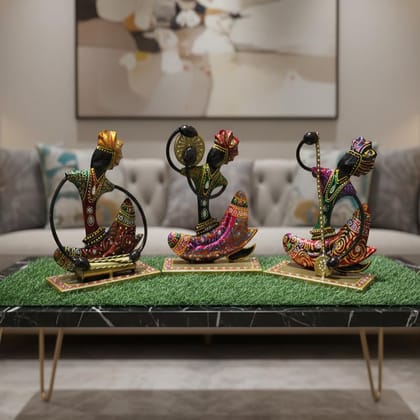 Decorative Metal Musicians Figurine Set, Traditional Rajasthani Hand-Painted Iron Showpieces, Artistic Home Decor Statues, 45x20 cm, Set of 3