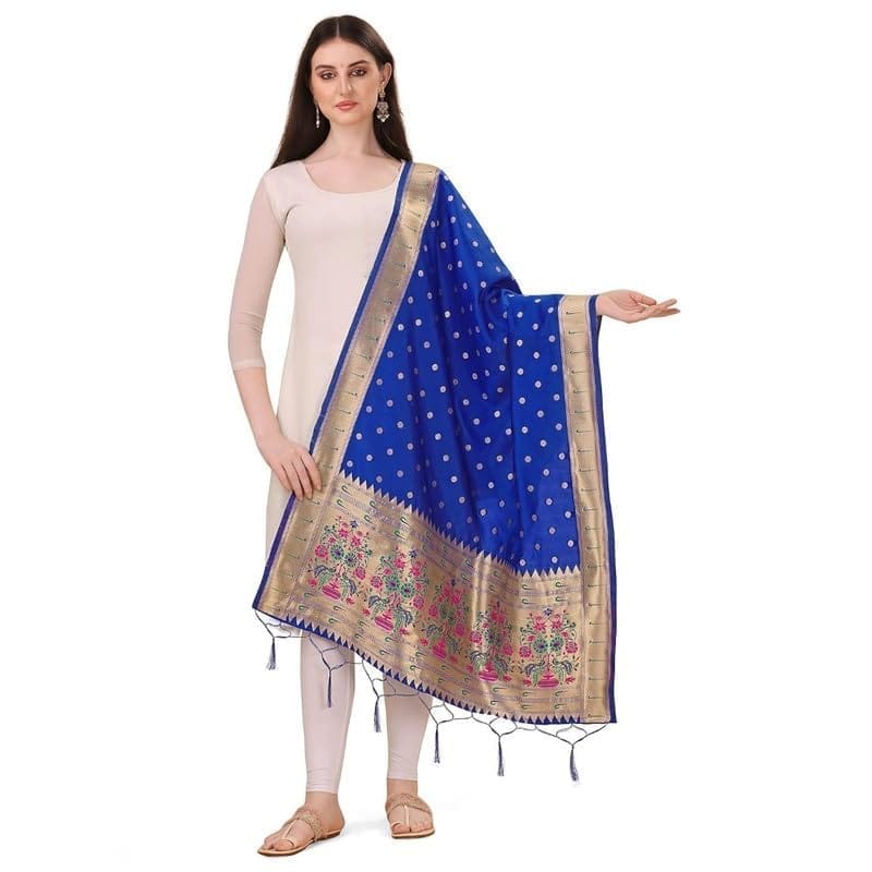 Women's Silk Pure Zari weaving Duppatta (Blue, Leangth: 2-2.3 Mtrs)-PID44919
