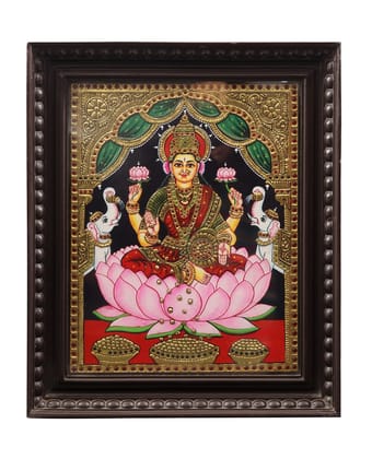 Goddess Gajalakshmi Seated on Lotus Traditional Tanjore Painting By Authentic Handcrafted Method (Size 18x14)
