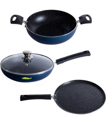 HomePro Non-Stick Set, Kadai 24.5 cm, Fry Pan 23 cm with Glass Lid, Dosa Tawa 27 cm (Pack of 3)