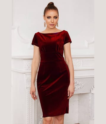 vivient Women Velvet Solid Bodycon Dress ( Wine )