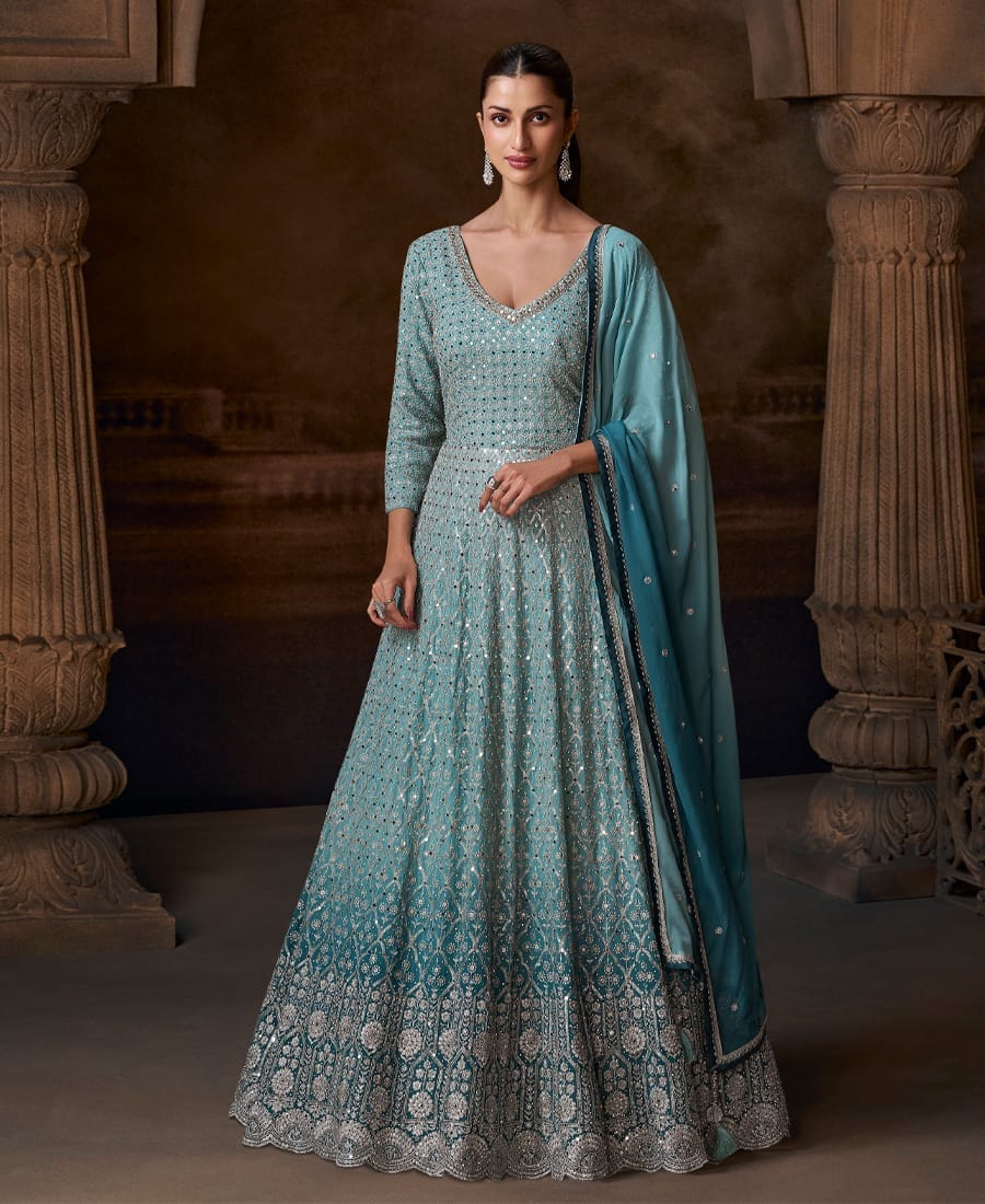 New Chinon Sky Blue Anarkali Suit for Women – Wedding Wear