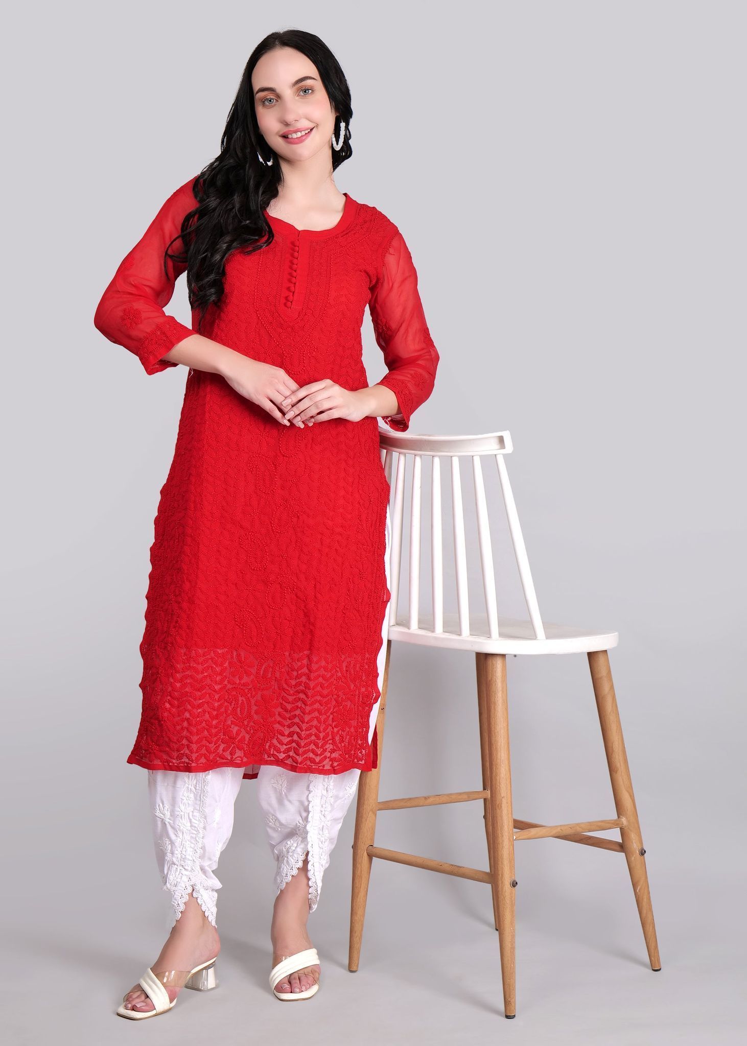 Geogette Hand Embroidered Calf length Chikankari Red Kurta