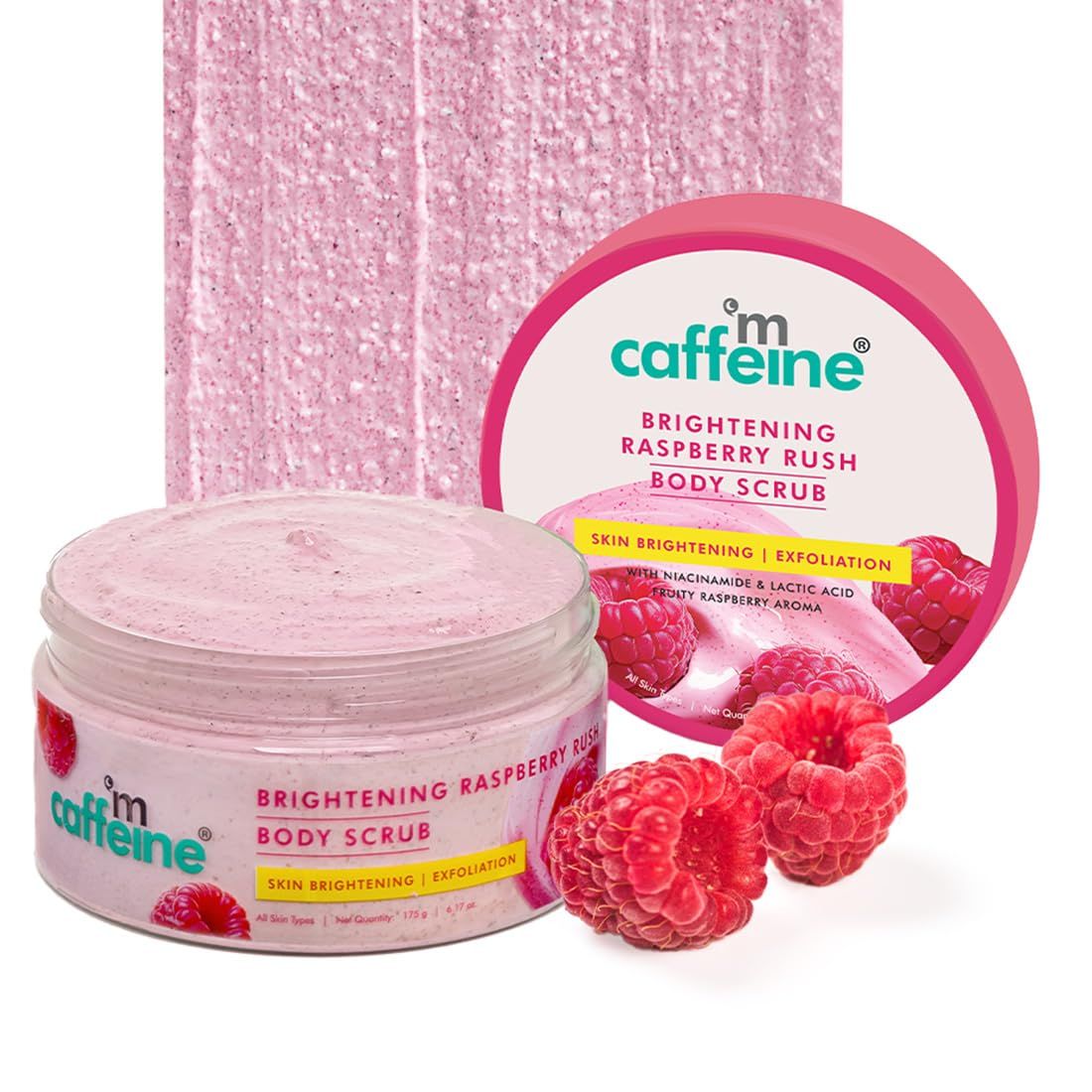 mCaffeine Brightening Raspberry Body Scrub | Tan Removal | AHAs - Lactic & Glycolic Acid, Niacinamide | Vitamin C Rich for Brighter, Soft Skin | Remove Dry, Dead Skin | Fruity Berries Aroma - 175g mCaffeine Brightening Raspberry Body Scrub | Tan Removal 