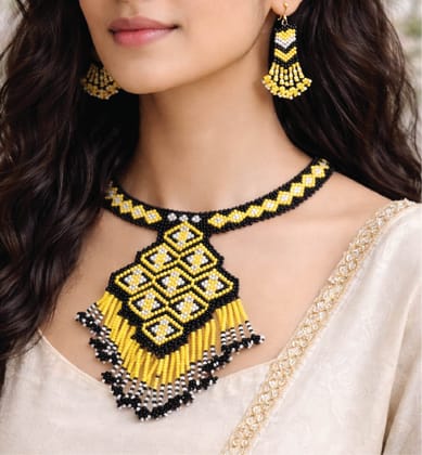 Handcrafted Geometric Beadwork Choker Necklace Set with Earrings Handcrafted Geometric Beadwork Choker Necklace Set with Earrings