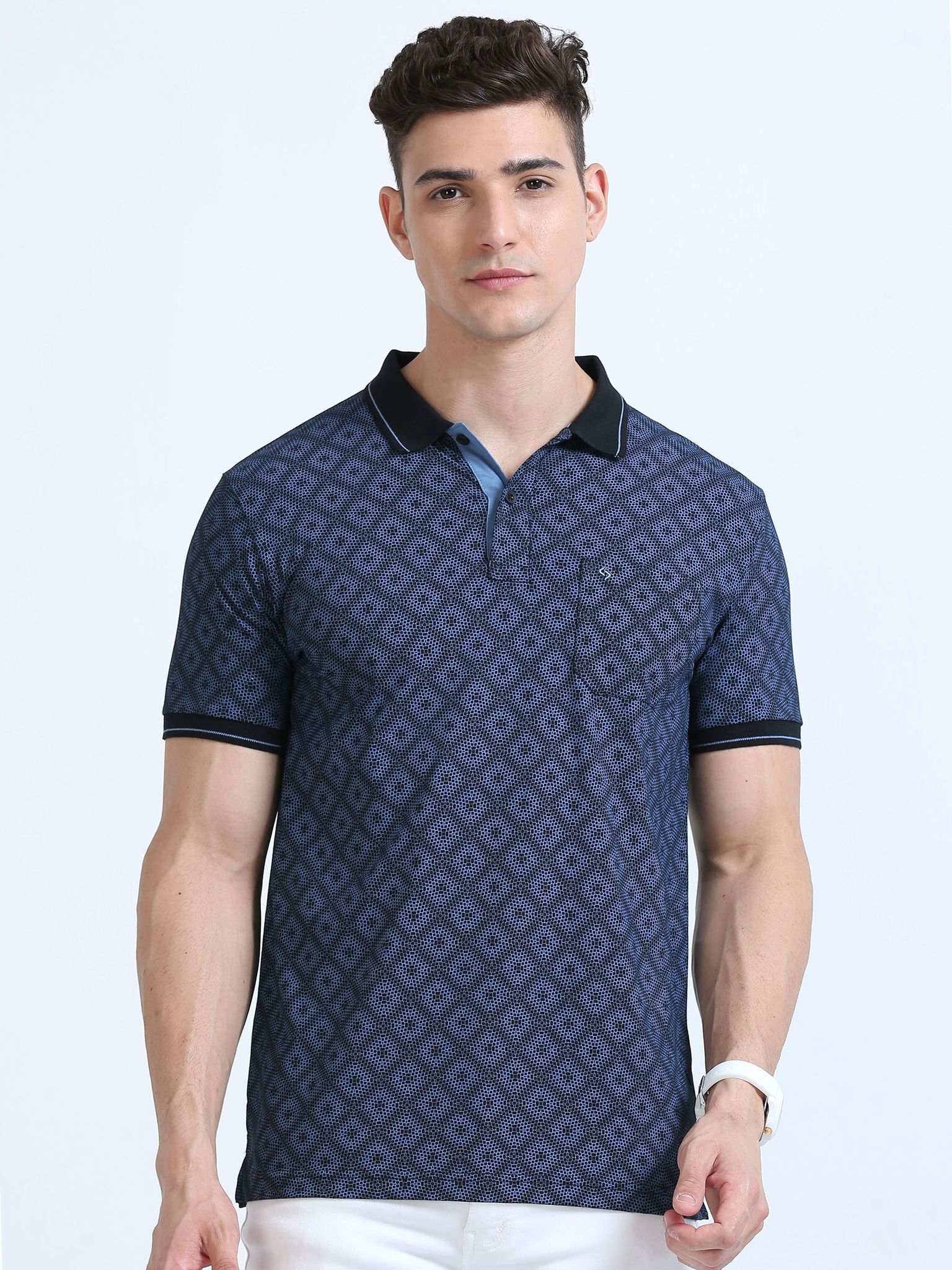 Classic Polo Men's Polo Neck Cotton Navy Blue Slim Fit Printed T-Shirt | BELLO-272 B SF P
