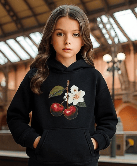 Girls Cherry Blossom Printed Hooded Cotton Pullover Sweatshirt