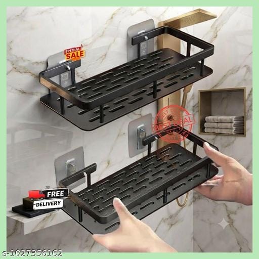 PLASTIC PACK OF 2 Adhesive Multipurpose Wall Mount Bathroom Shelf