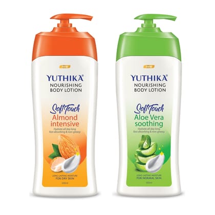 Yuthika Nourishing Body Lotion 500ml Combo Pack, Almond Body Lotion for Dry Skin, Aloe Vera Body Lotion for Normal Skin